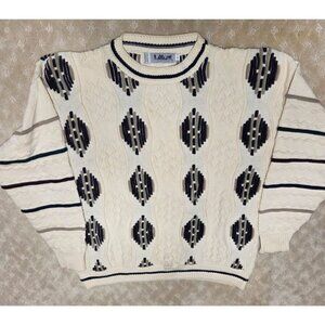 Lavane New York Sweater Mens Large Cream Geometric 3D Knit Coogi Style Vintage
